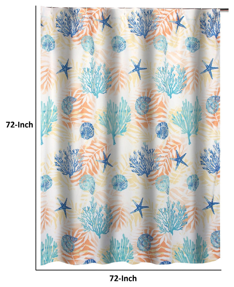 Benzara BM293438 Shower Curtain, White Blue Polyester, Seashells/Ferns Print
