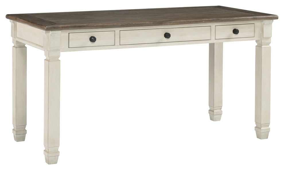 Benzara BM190085 3 Drawer Wooden Desk with Plank Style Top, Brown and White