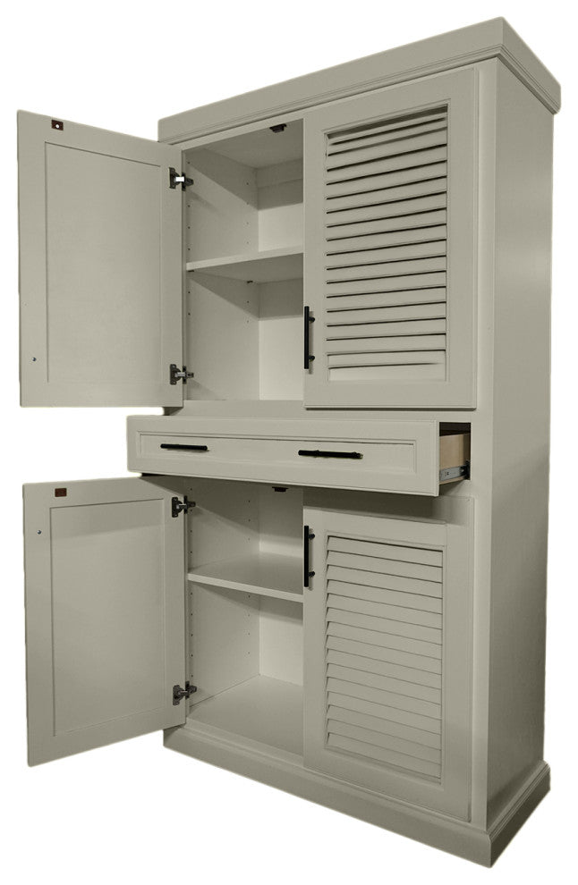 Coastal Solid Wood Kitchen Pantry Cabinet With Shutter Doors, Soft White