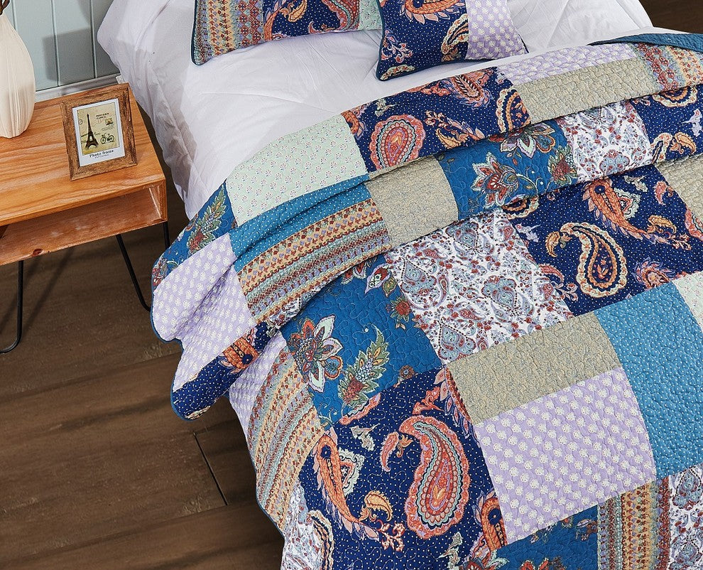 Paisley Night Bohemian Reversible Cotton Patchwork Reversible Quilt, Cal King