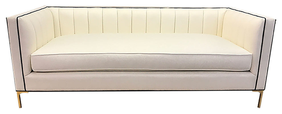 Devereaux Sofa, Ivory Herringbone Perfomance Fabric, Navy Piping, 82"