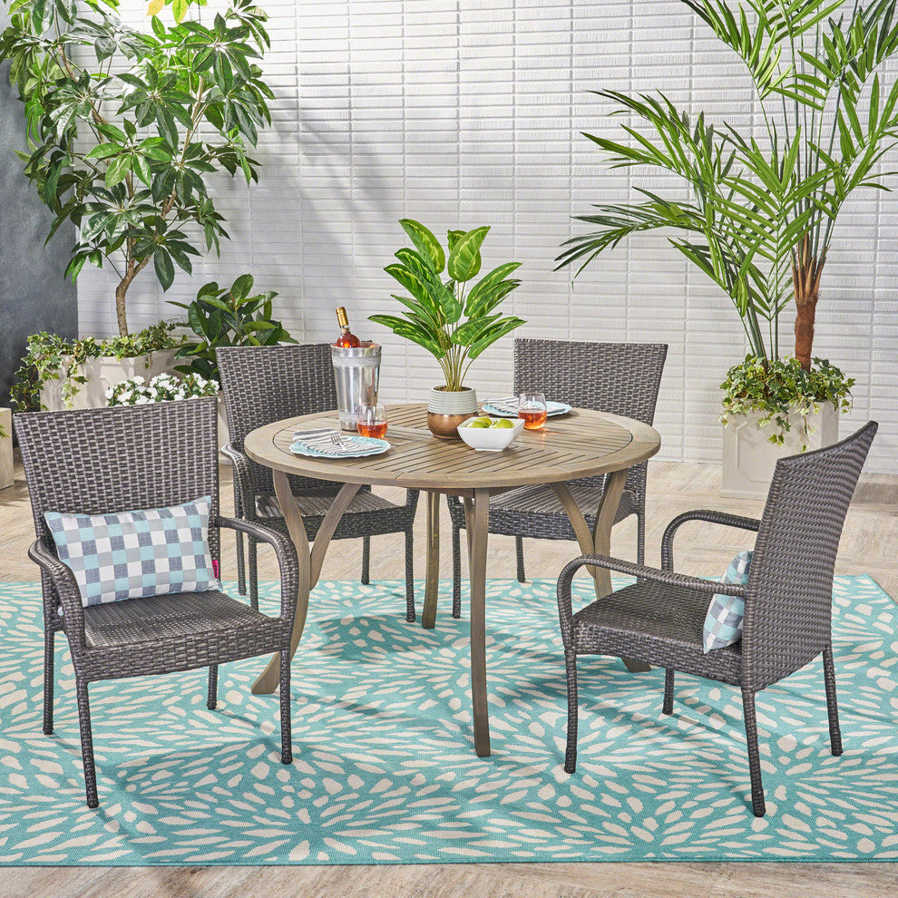 GDF Studio 5-Piece Lance Outdoor Acacia and Wicker Dining Set, Gray