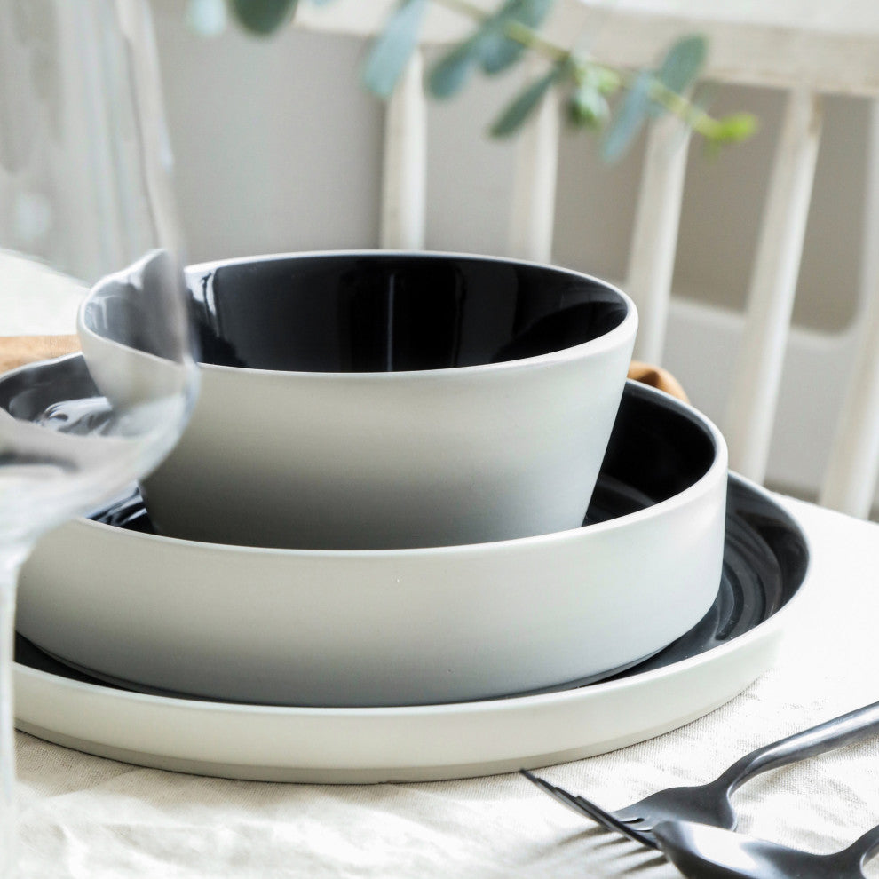 Stone Lain Elica Stoneware 12 Piece Dinnerware Set, Black and Beige