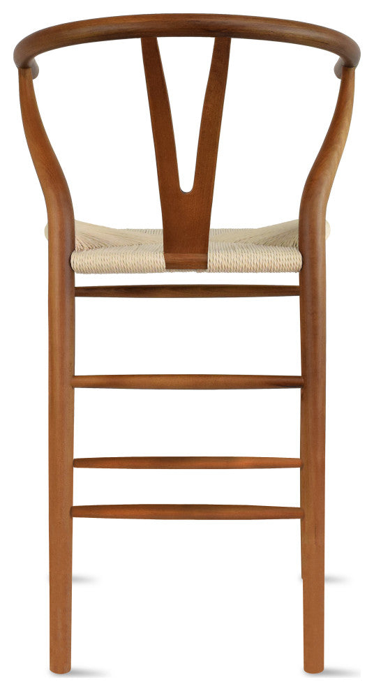 Set of 2 Wishbone Wood Elbow Barstool with Y Back, Woven Beige Seat, Espresso