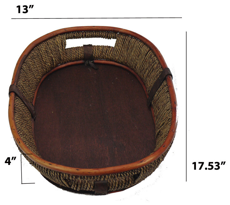 18" Stained Willow Wood Oval Tray With Rope Adornment
