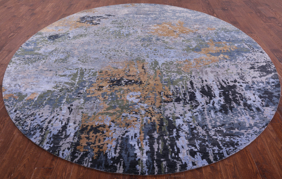 10' Round Abstract Handmade Wool & Silk Rug - Q14878