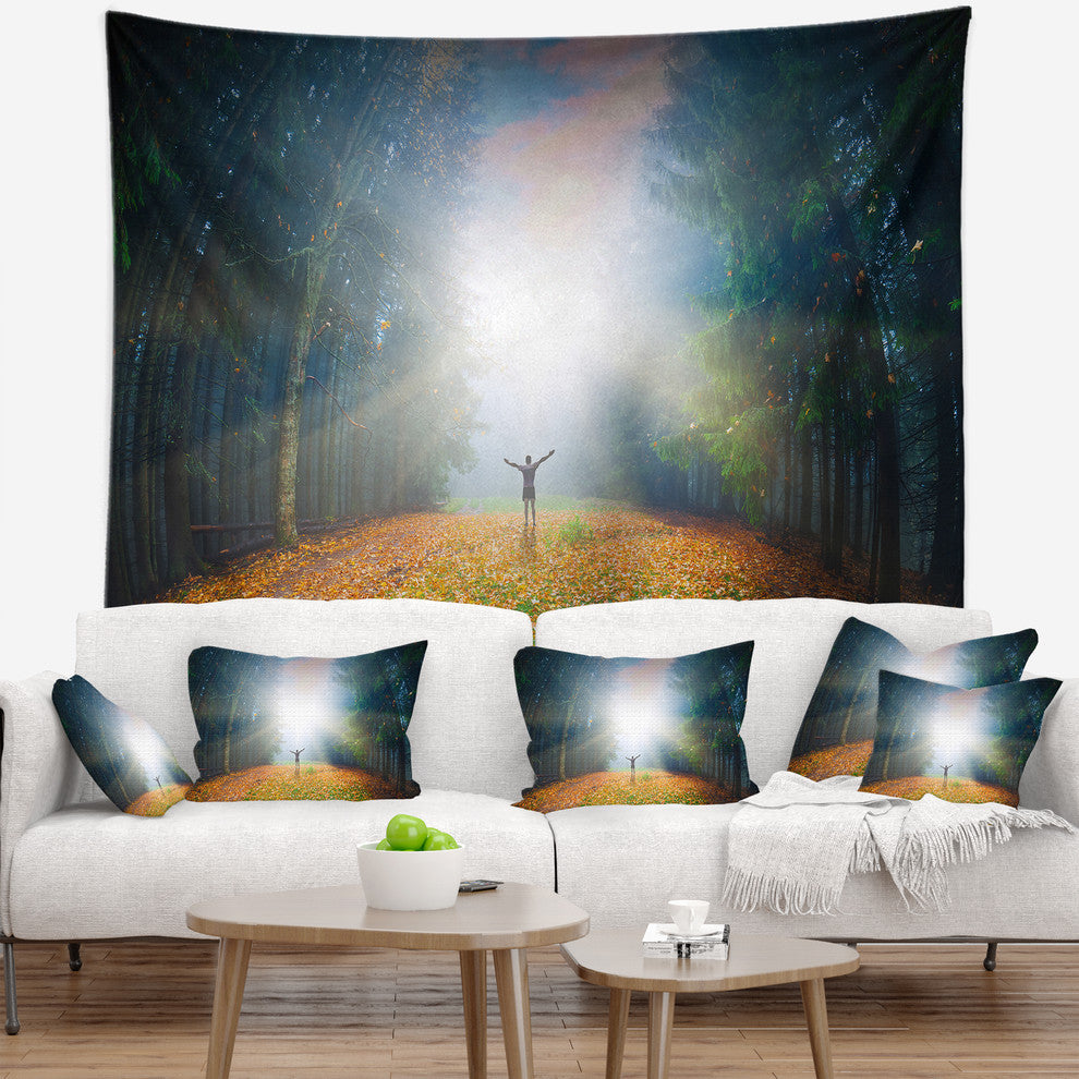 Men and Bright Sunlight Panorama Landscape Wall Tapestry, 92"x78"