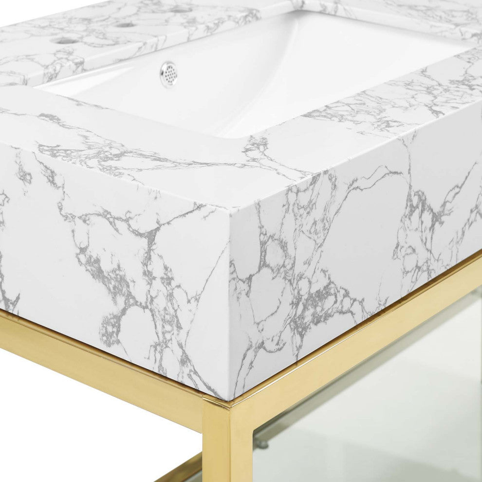 Sink Vanity Cabinet, Artificial Marble, Metal, Gold White, Modern, Bathroom