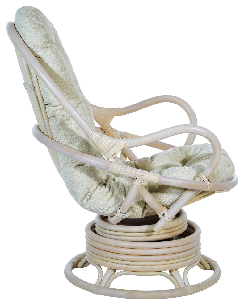 Lanai Rattan Swivel Rocker Chair, Linen Fabric With White Wash Frame