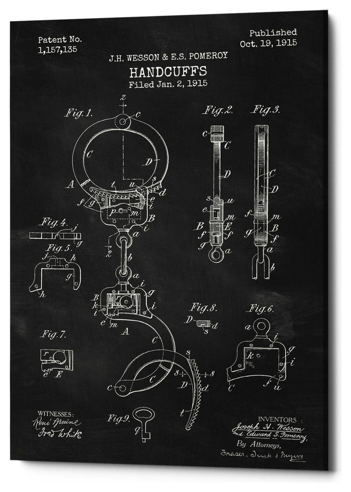 Epic Graffiti "Handcuffs Blueprint Patent Chalkboard" Giclee Canvas, 26"x40"