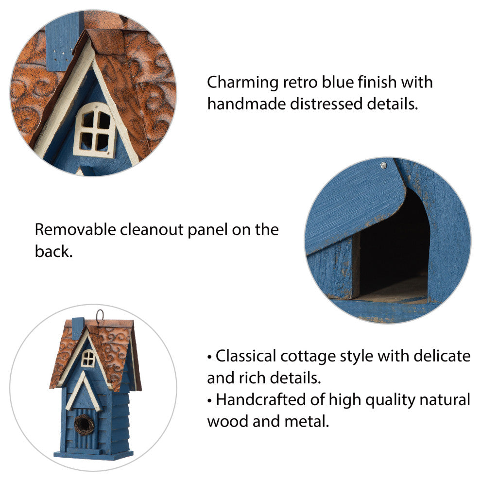 12"H Retro Blue Distressed Solid Wood Cottage Birdhouse