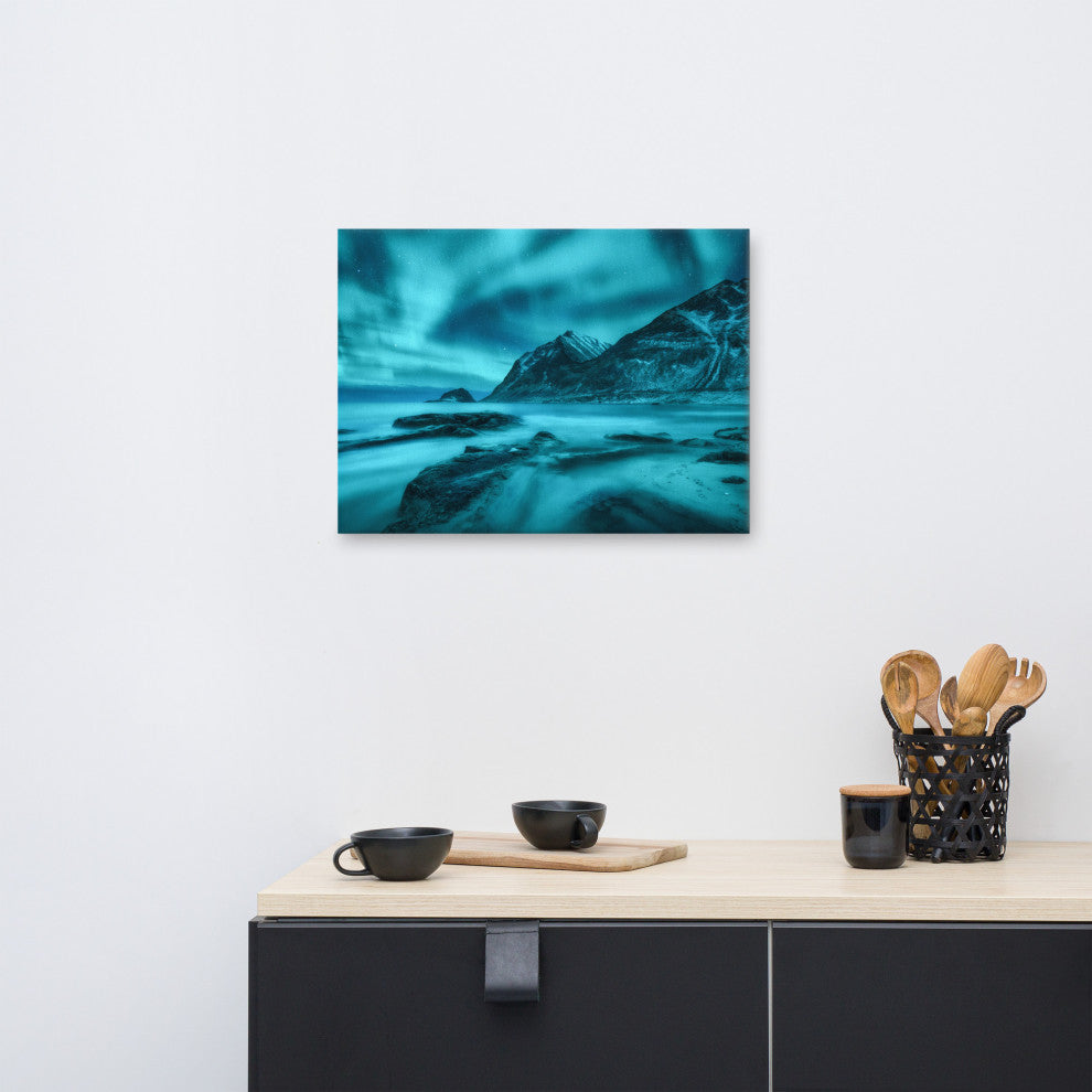 Blue Northern Lights and Mountain Coast Landscape Photo Canvas Wall Art Prints, 18" X 24"