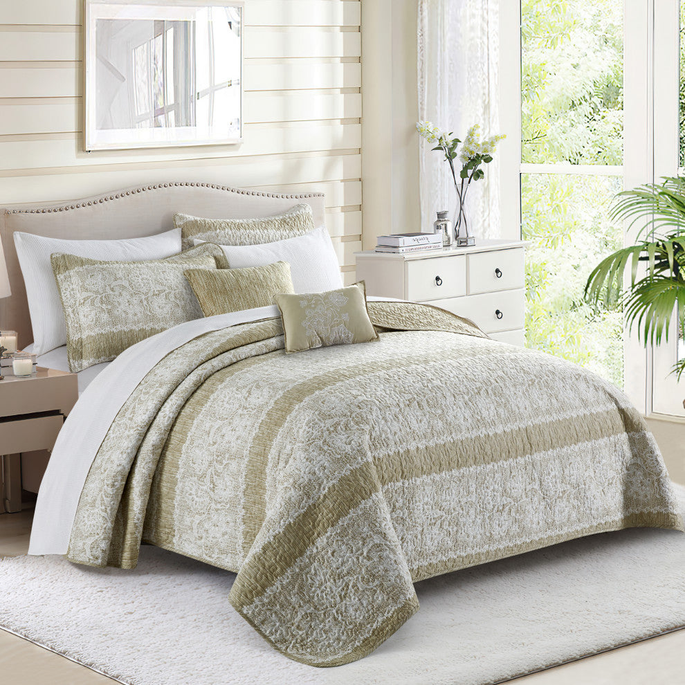Emma Quilt 5 Piece Sets, Taupe, King 102" X 90"