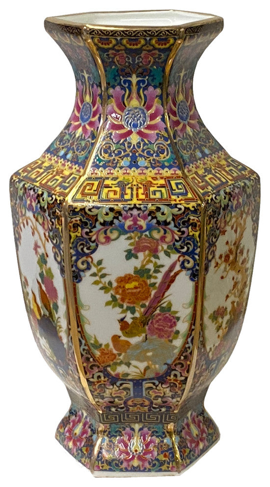 Purple blue Rich Multi-Color Print Flower Bird Graphic Porcelain Vase Hws1491