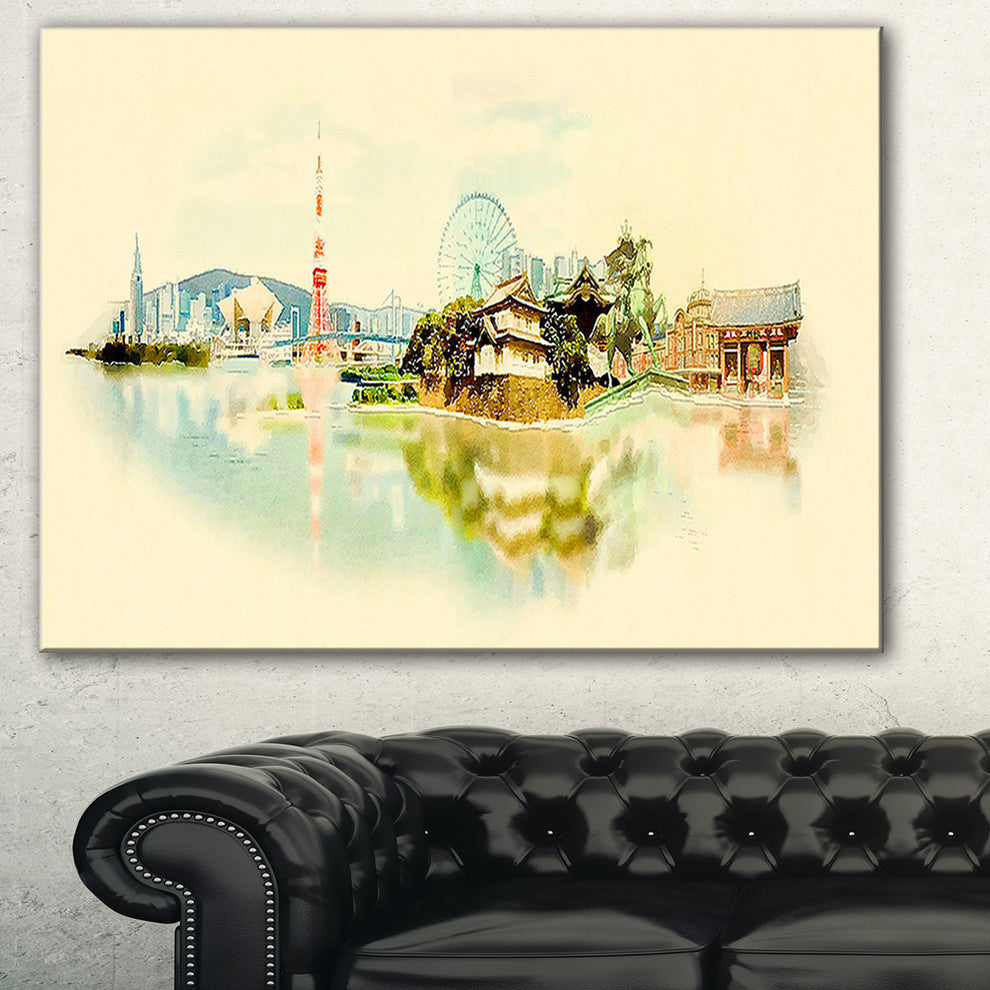 "Tokyo Panoramic View" Cityscape Watercolor Canvas Print, 40"x30"