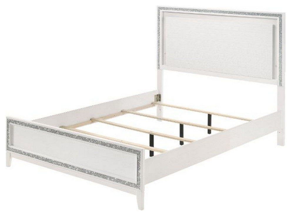 Benzara BM252737 Queen Bed With LED Headboard and Shimmering Trim, White