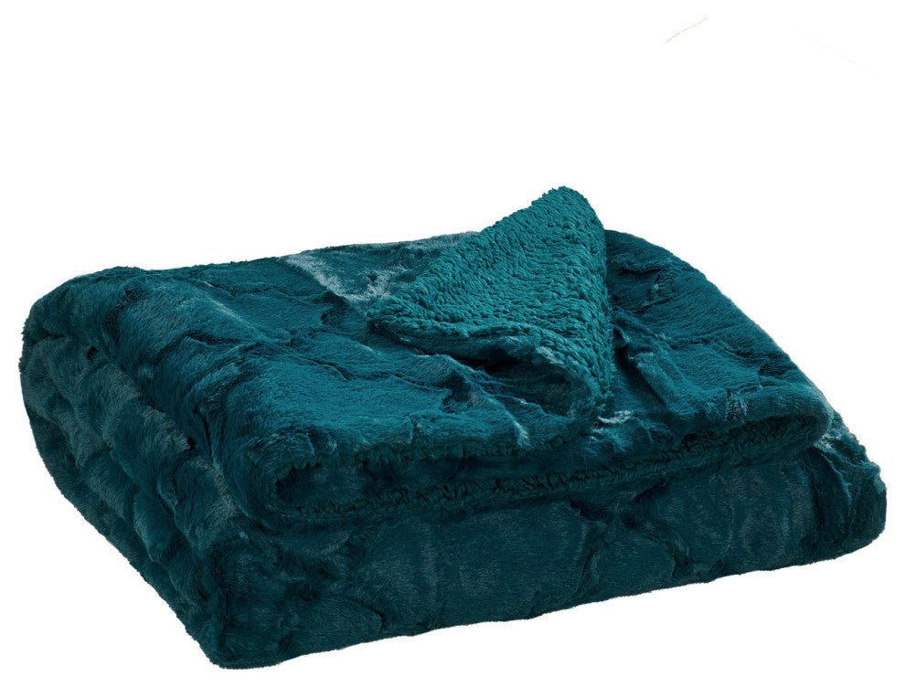 Ashley Brushed Faux Fur & Matching Sherpa Borrego Backing Throw, Dark Teal, 50" X 60"