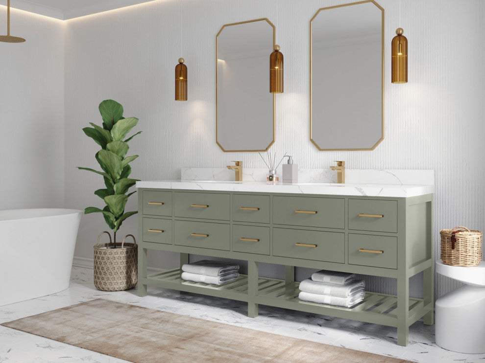 Parker 84" Double Sink Bath Vanity in Evergreen  2" White Quartz