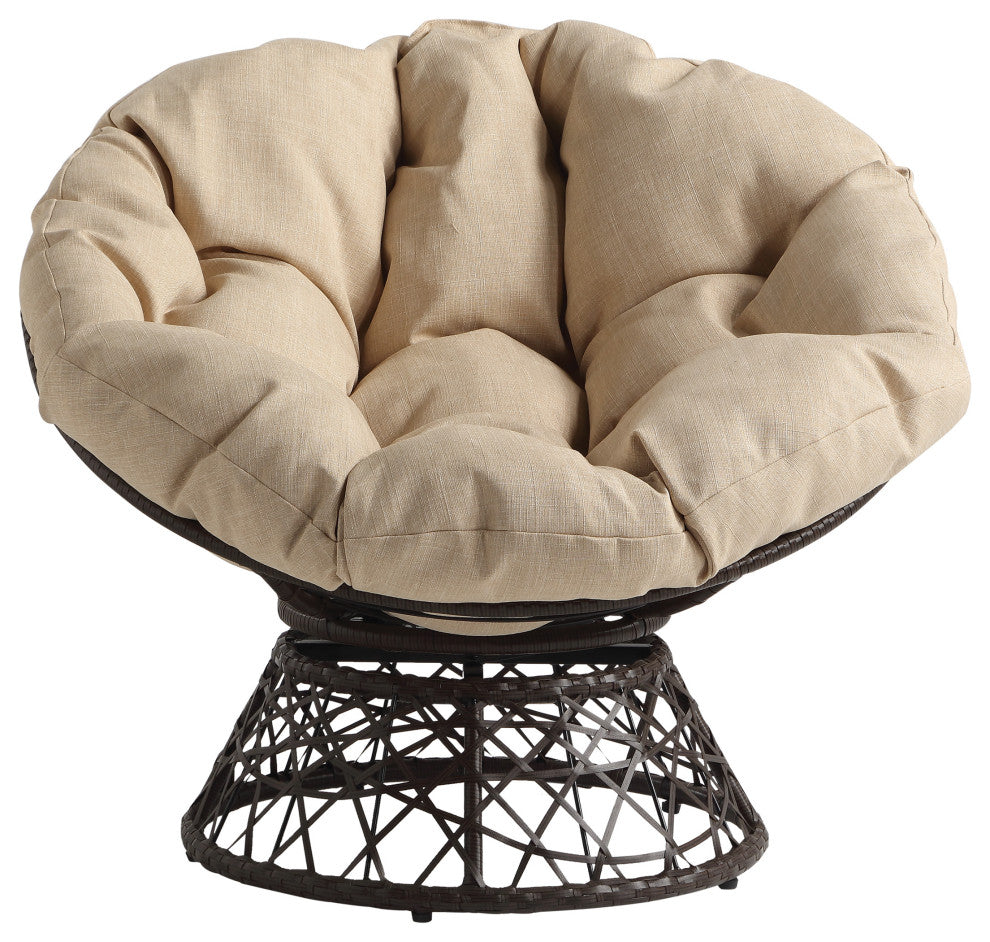 Papasan Chair With Cream Round Pillow Cushion and Brown Wicker Weave