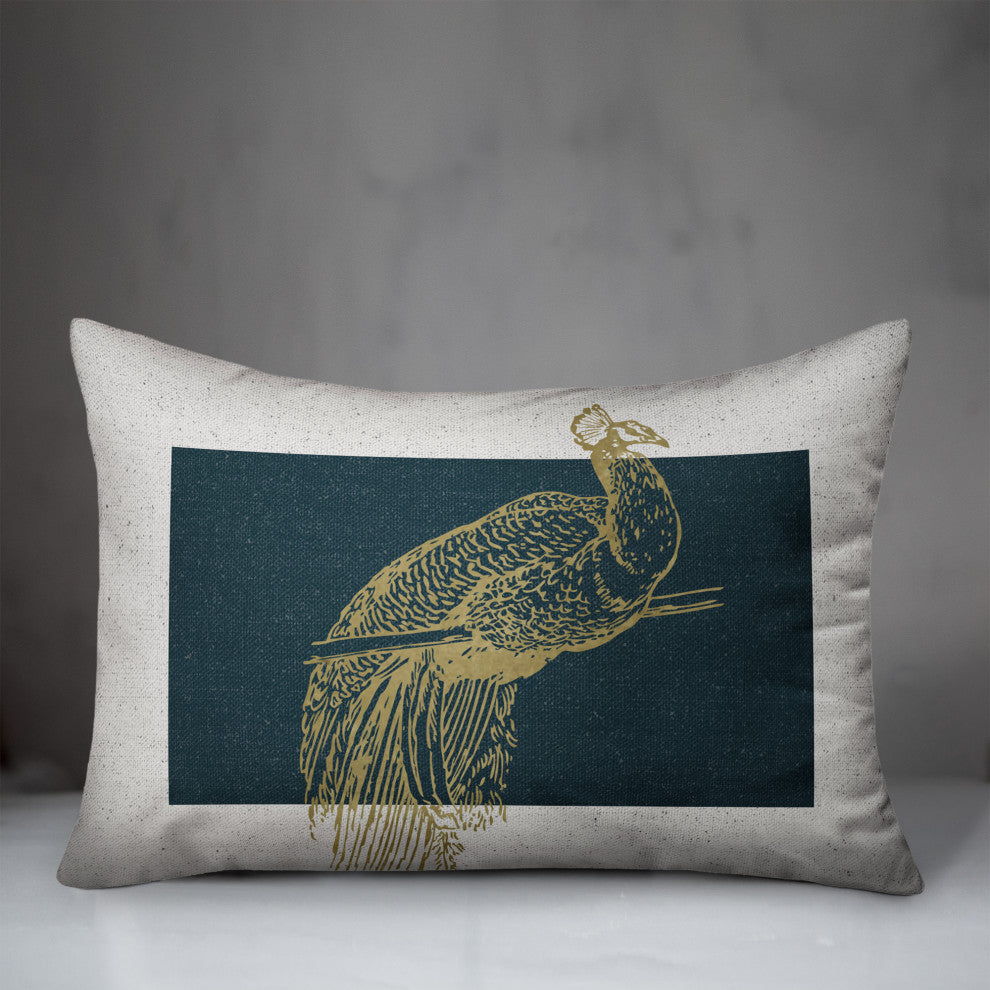 Gold Line Art Peacock 2 14x20 Spun Poly Pillow