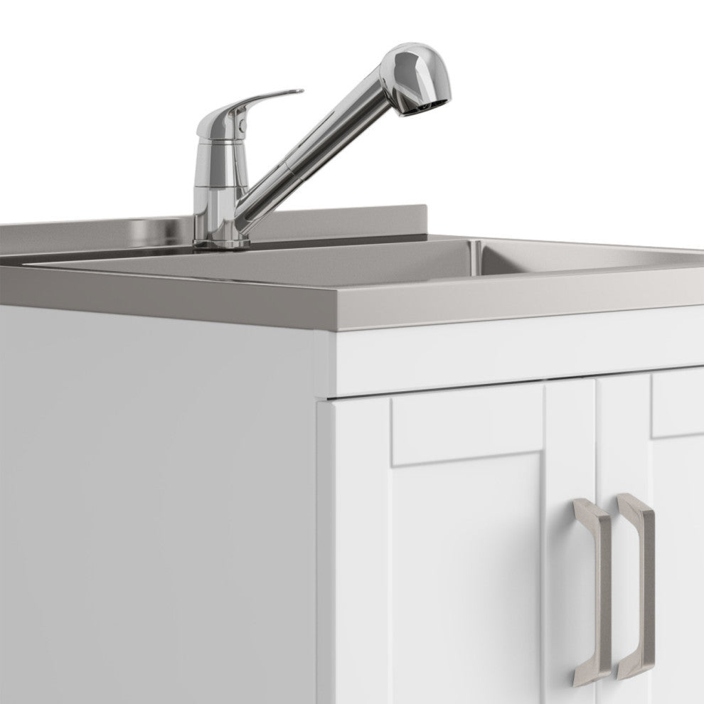 Kyle 24" Laundry Cabinet With Faucet and Stainless Steel Sink, White, 24"