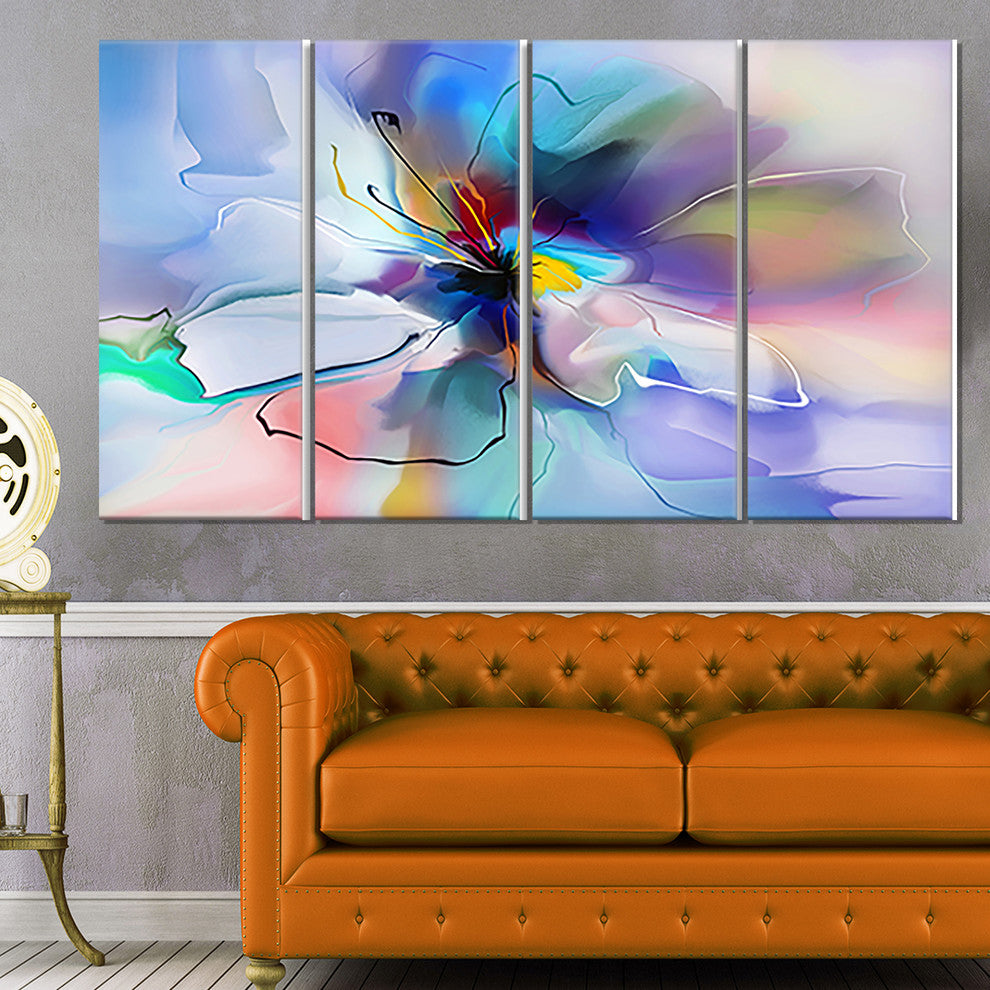 Abstract Creative Blue Flower, Extra Large Floral Wall Art, 48"x28", 4 Panels