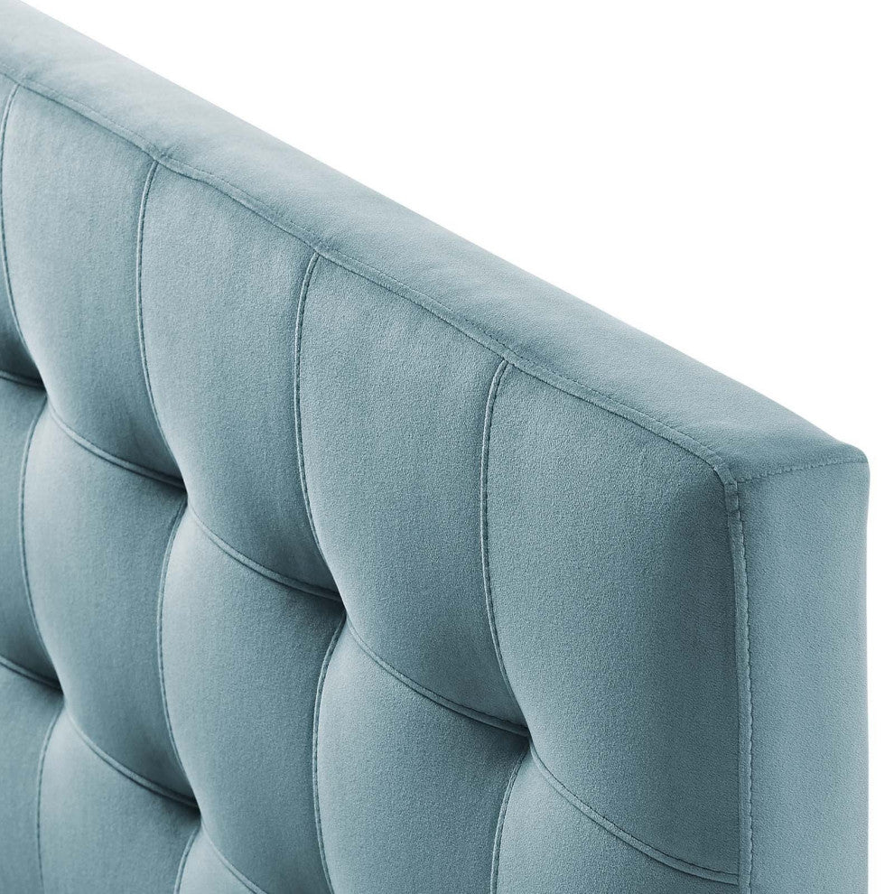 Contemporary Modern King Size Tufted Headboard, Velvet Fabric, Light Blue