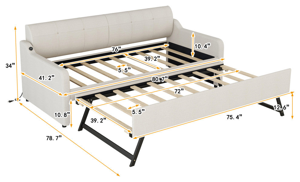 Gewnee Twin Upholstered Daybeds with Trundle and USB Charging,Beige