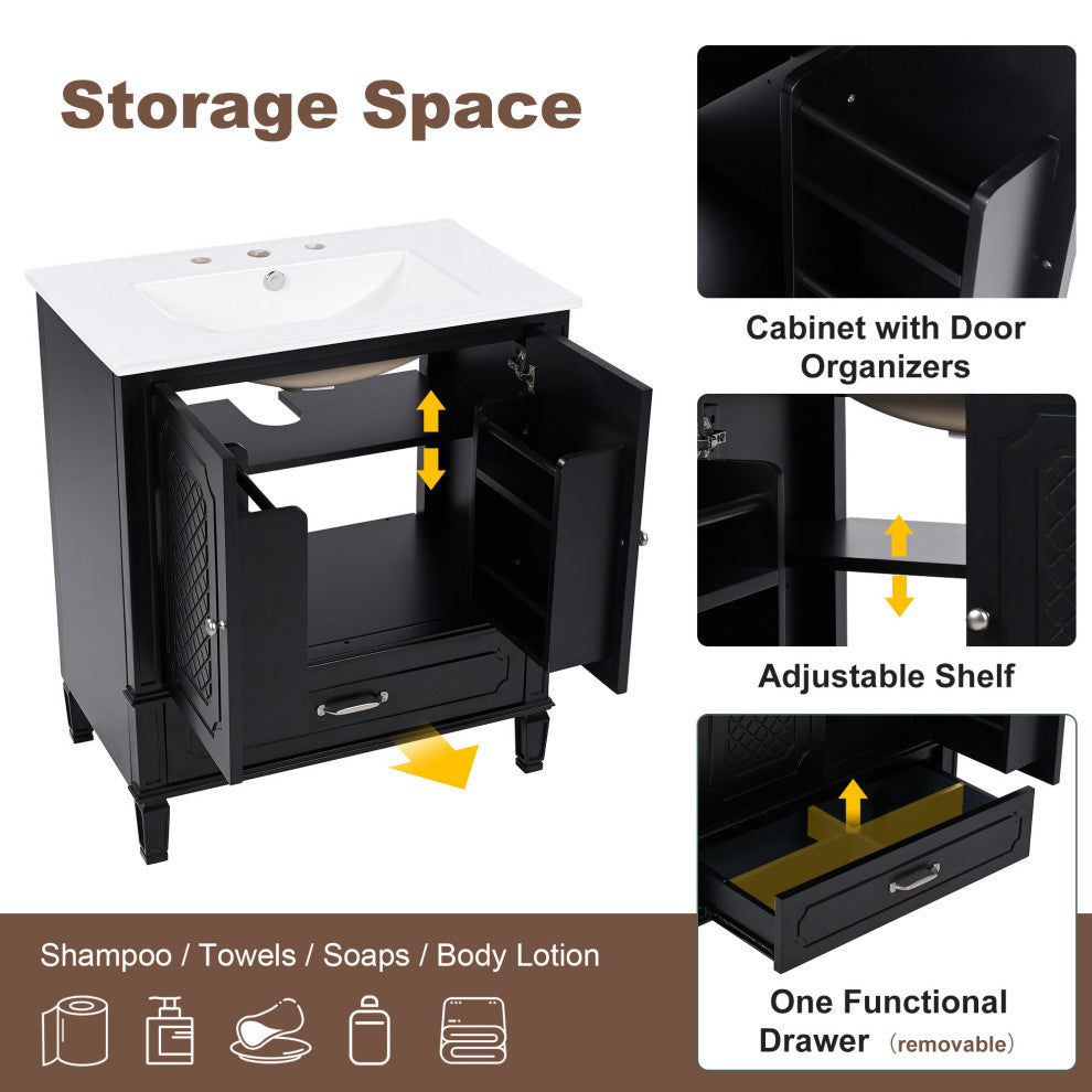 GDF Studio 30" Vintage Vanity With Sink, Adjustable Shelf & One Drawer, Black