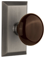 Single Studio Plate With Brown Porcelain Knob, Antique Pewter