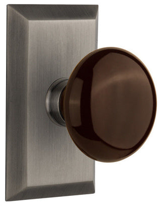 Single Studio Plate With Brown Porcelain Knob, Antique Pewter