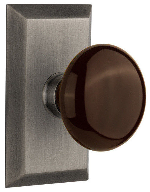 Single Studio Plate With Brown Porcelain Knob, Antique Pewter