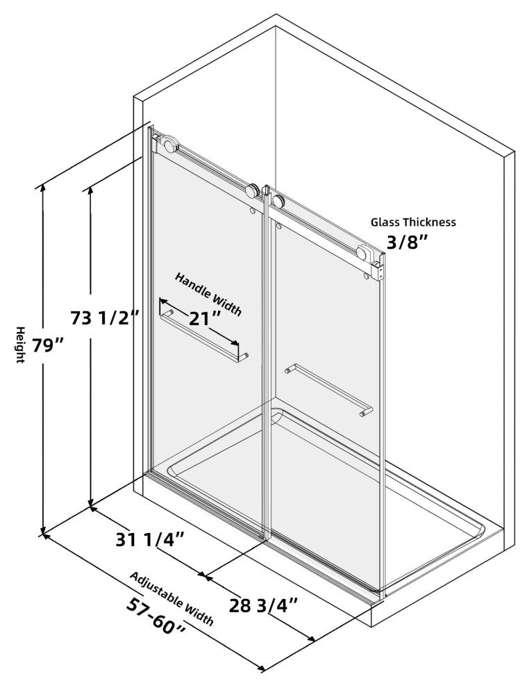 60"/72" W x 79" H Double Sliding Frameless Shower Door, Brushed Nickel;, 60" X 79";