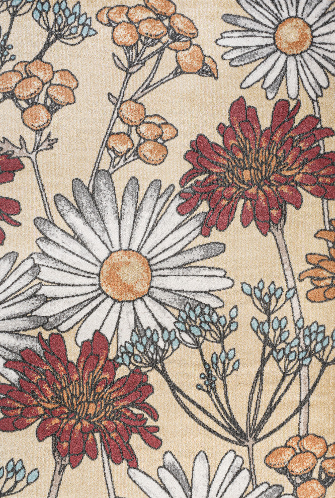 Dizi Modern Botanical Wildflower Area Rug, Yellow/Ivory/Red, 4x6