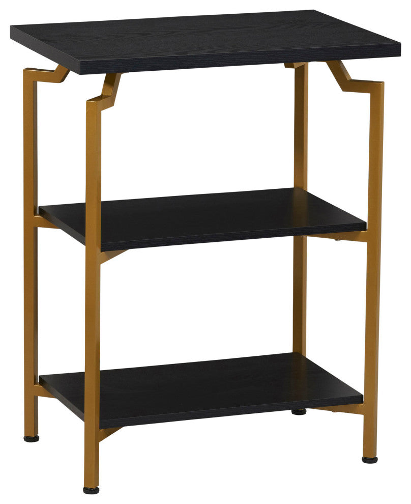Crown Narrow 3 Shelf Open Storage Bookshelf Black Oak Wood Grain and Gold Metal