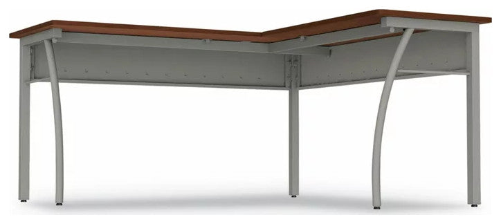 Modern Desk, L-Shaped Design With Metal Legs & Wooden Top, Cherry/Gray