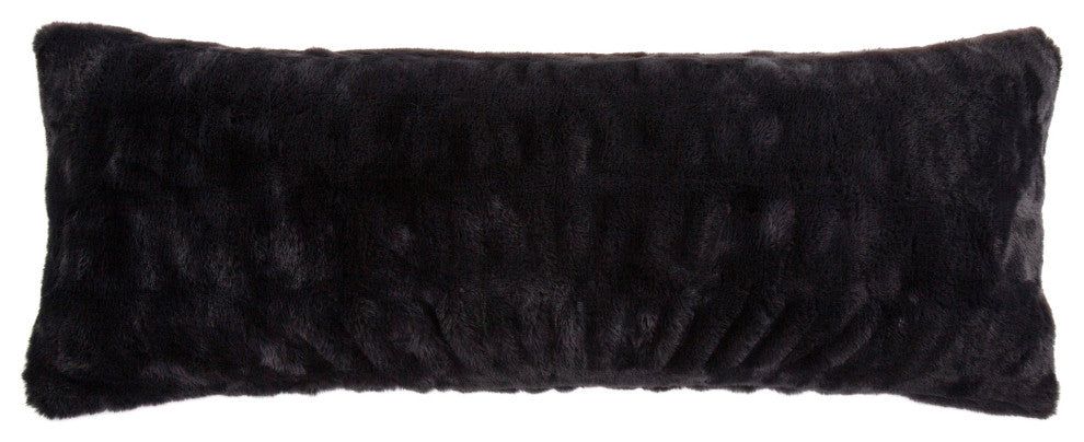 Ruched Rabbit Faux Fur Lumbar Pillow with Down Insert, 14"x36", Black