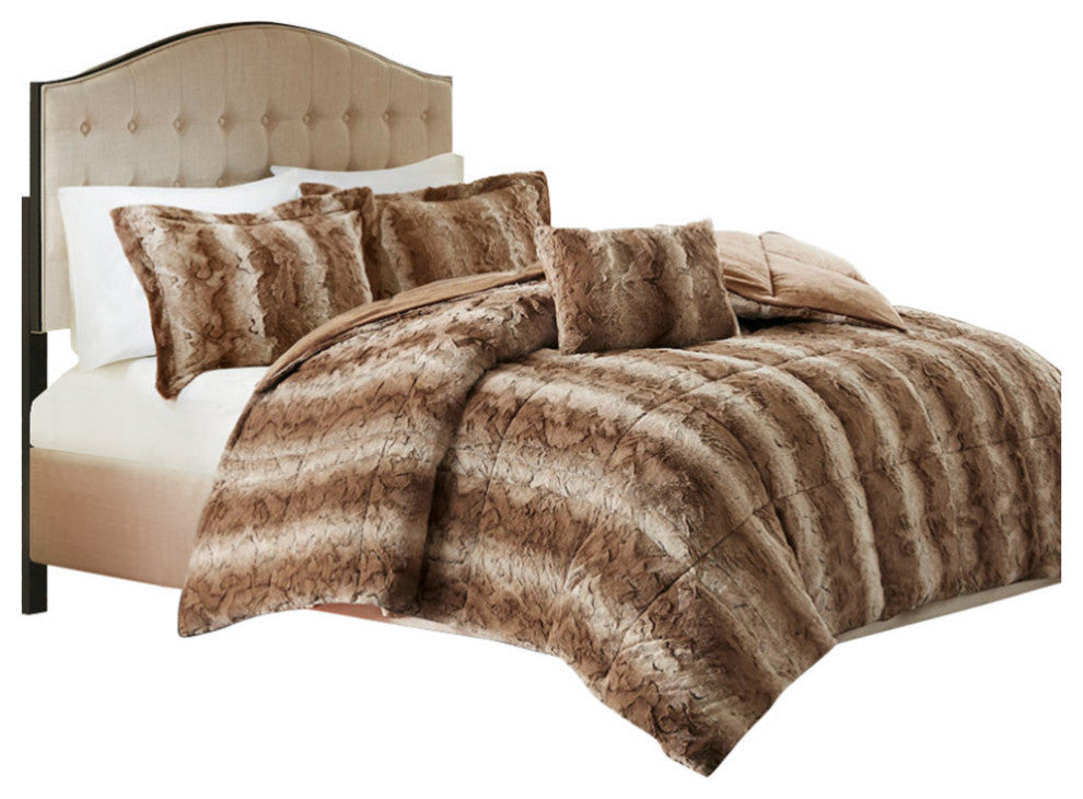 Madison Park Zuri Long Faux Fur 4-Piece Comforter Set, Tan, King