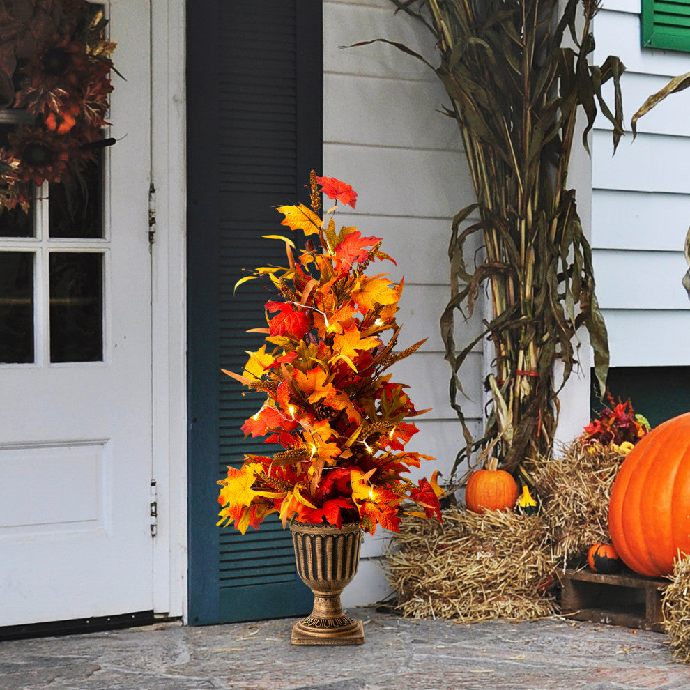 36"H Fall Lighted Maple Leaves Urn Potted Porch Tree, 20 Warm White Lights
