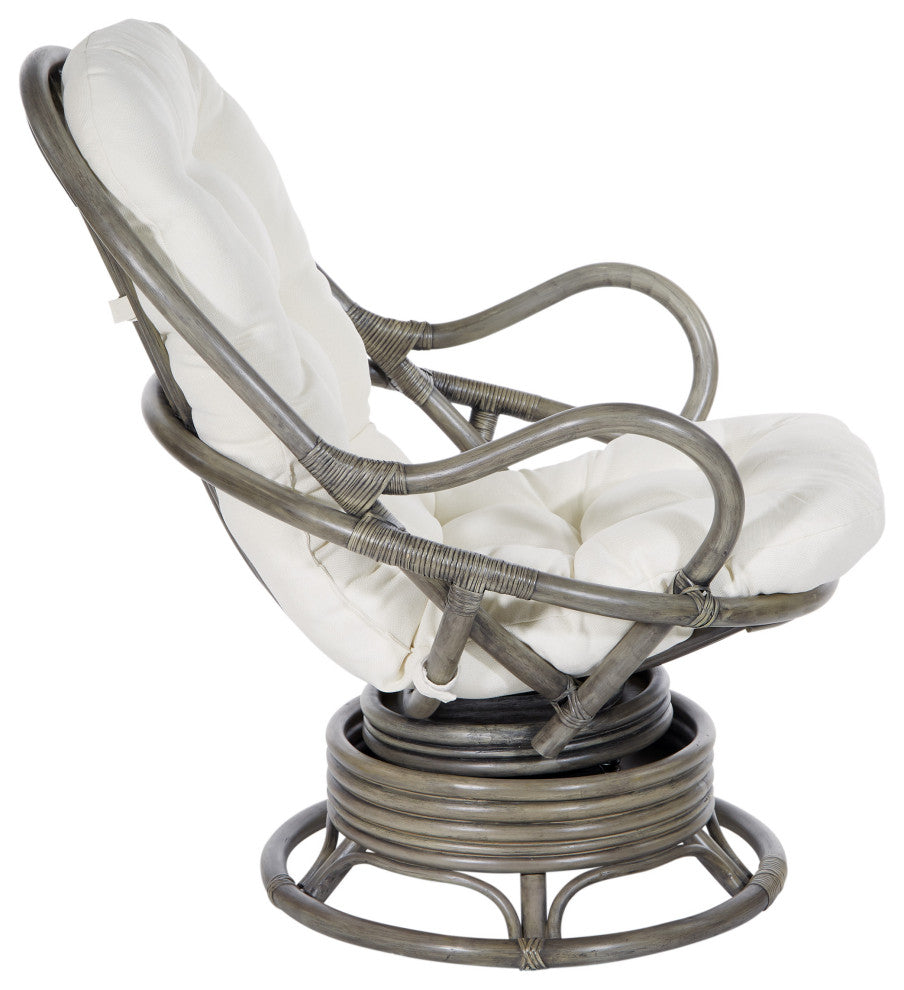 Tahiti Rattan Swivel Rocker Chair, White Fabric With Gray Frame
