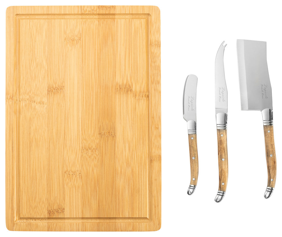 French Home Connoisseur Laguiole Olive Wood Knives and Bamboo Cheese Board