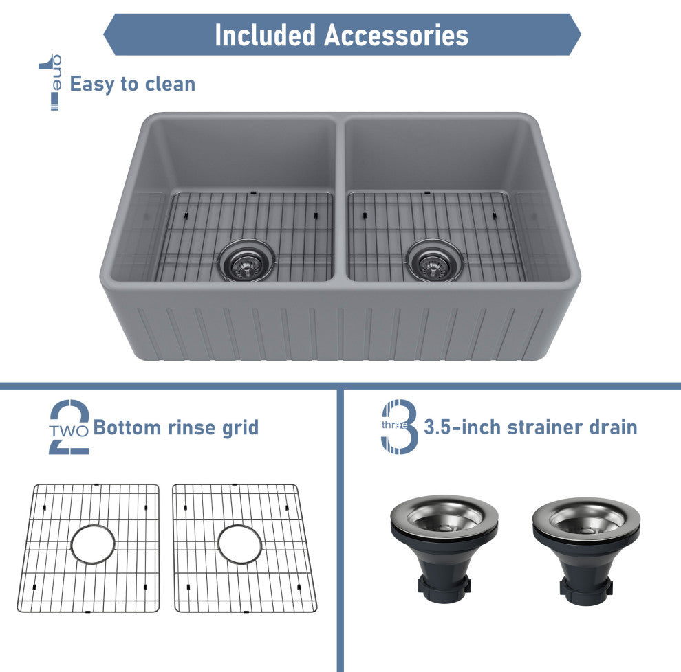 33in Double Bowl Fireclay Farmhouse Apron Kitchen Sink with Striped Design, Matte Gray