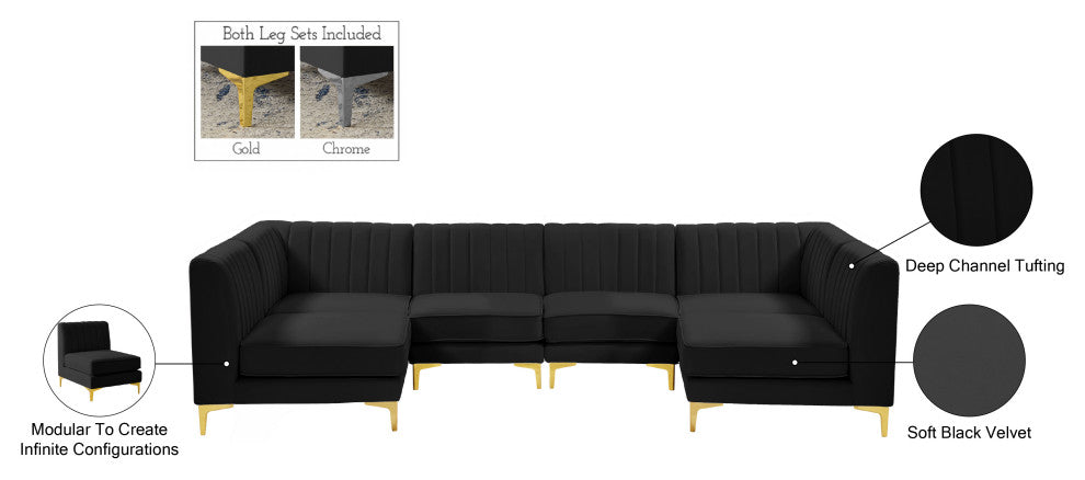 Alina Velvet Modular U-Shaped Sectional, Black, 6-Piece: 4 Armless Chair, 2 Corner Chair
