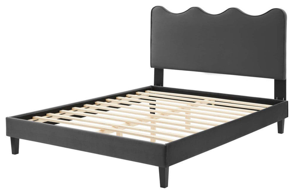 Platform Bed Frame, King Size, Charcoal Gray, Velvet, Modern, Guest Suite