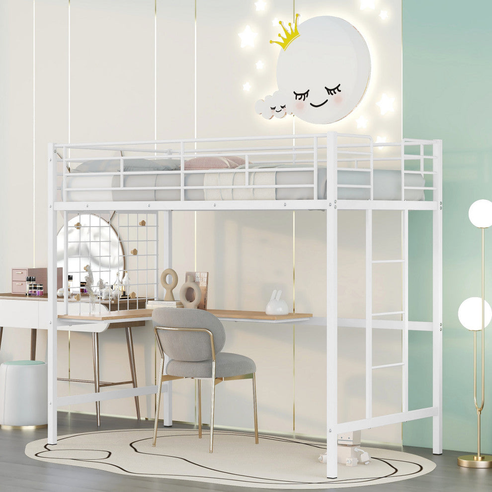 TATEUS Metal Loft Bed With Desk, Sturdy Metal Frame Guardrails Work and Play, White, Twin