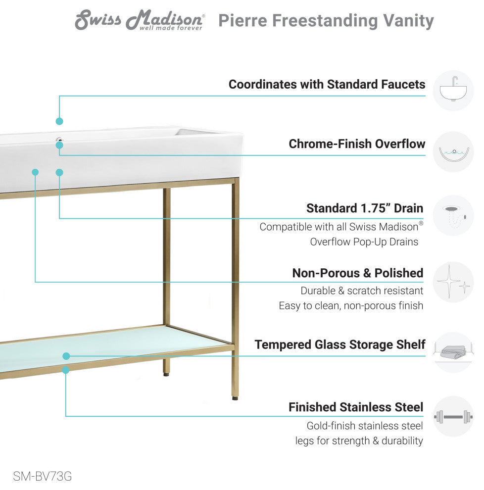 Pierre 40" Single, Freestanding, Open Shelf, Metal Frame Vanity, Gold