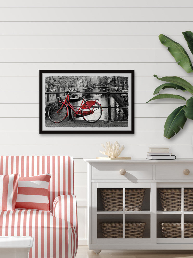 "Red Bicycle on the Bridge" Framed Painting Print, 24x16