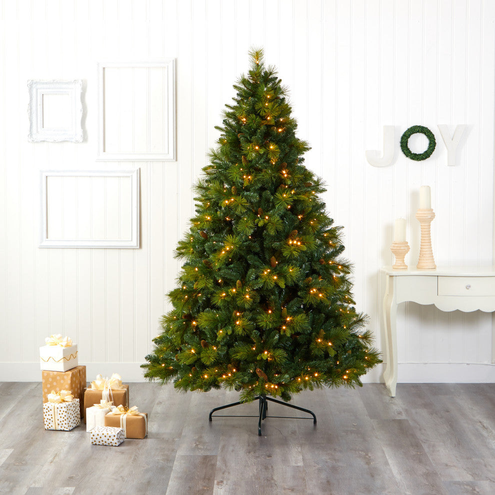 7.5' North Carolina Pine Faux Xmas Tree W/Lights, Bendable Branches & Pinecones