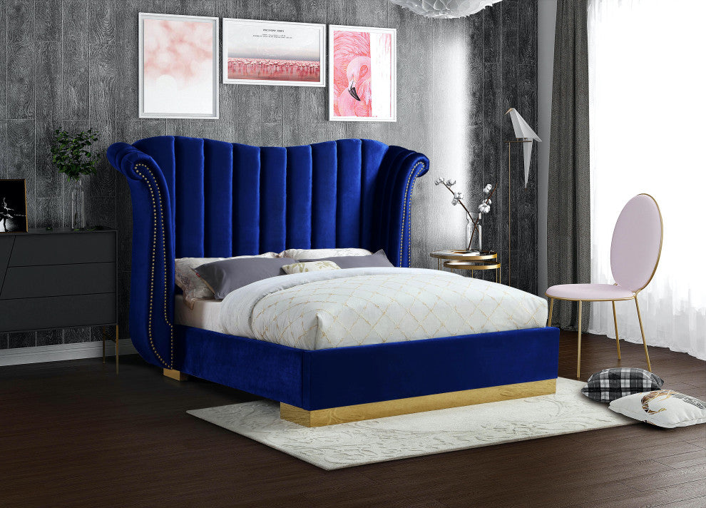 Flora Black Velvet Bed, Navy, Queen