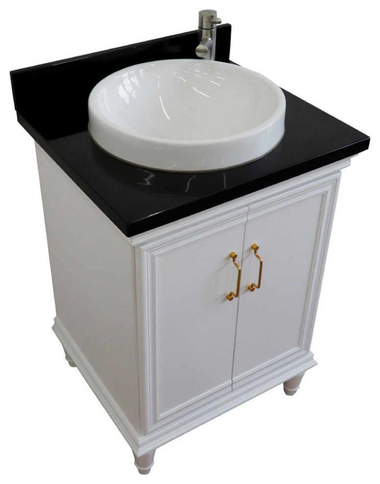 25" Single Vanity, White Finish With Black Galaxy And Round Sink